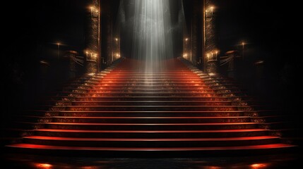 Wall Mural - Red carpet on the stairs on a dark background. The path to glory, victory and success