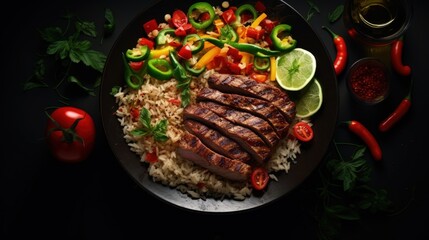 Beef steak, rice and vegetable power bowl. Healthy balanced food concept. On a dark background, top view