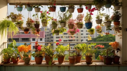 Poster - Home grown flowers and herbs in the hanging pots at balcony at Ang Mo Kio area. Growing a garden in a sharing apartment's balcony/corridor is popular in Singapore. Great for urban farm publications