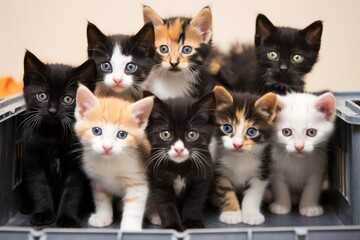 an array of small boxes housing different breeds of kittens