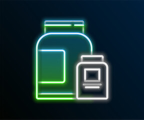 Sticker - Glowing neon line Sports nutrition bodybuilding proteine power drink and food icon isolated on black background. Colorful outline concept. Vector