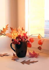 Wall Mural - physalis flowers, dry fallen leaves in cup on windowsill close up, abstract light background. autumn still life in minimal style. symbol of fall season. autumn decor