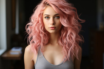 Wall Mural - Portrait of attractive young woman with pink hair and top