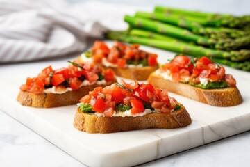 Poster - asparagus and tomato bruschetta on a marble surface