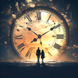 Life, time and Fatalism concept illustration, human tased a big clock which going to be destroyed by the time