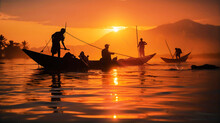Sri Lankan Stilt Fishing Man Silhouettes At Sunset