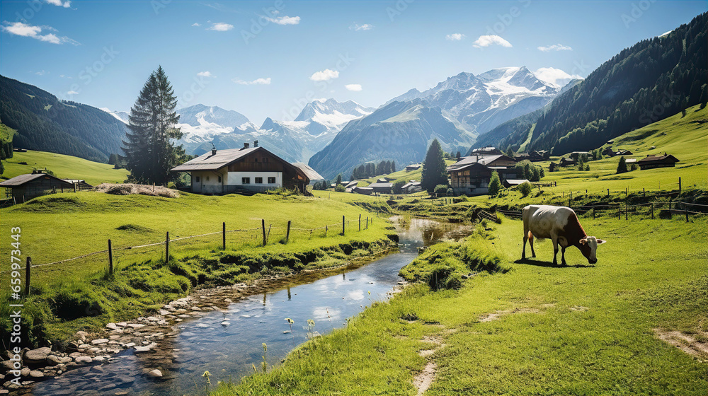 Beautiful Alps landscape with village, green fields and cows at sunny ...
