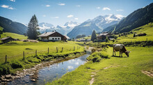 Beautiful Alps Landscape With Village,  Green Fields And Cows At Sunny Day. Swiss Mountains At The Background. 