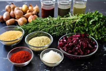 an assembly of ingredients needed for beetroot bruschetta