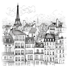 Canvas Print - Beautiful ink illustration of Paris with old buildings and skyscrapers. 