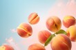 a clean detailed studio photo of fresh raw ripe peach flying in the air on pastel gradient background. fruit food ingredient levitation.