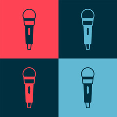 Canvas Print - Pop art Microphone icon isolated on color background. On air radio mic microphone. Speaker sign. Vector