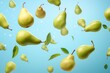a clean detailed studio photo of fresh raw ripe pears flying in the air on pastel gradient background. fruit food ingredient levitation.