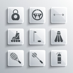 Poster - Set Tennis racket, Aqualung, Badminton shuttlecock, Golf flag, Roller skate, Kettlebell and Barbell icon. Vector