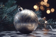 Gray Ball And Illuminated Garland. New Year Bauble On Spruce Branch With Bokeh. AI Generated