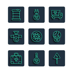 Poster - Set line Radiation nuclear suitcase, High voltage sign, Truck with radiation materials, Atom, Industry pipe and valve, Radioactive waste in barrel and Planet earth icon. Vector