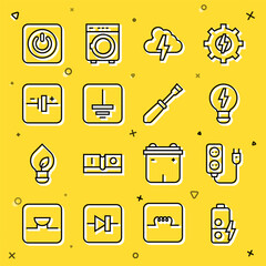 Sticker - Set line Battery charge, Electric extension, Creative lamp light idea, Cloud and lightning, Electrical symbol ground, DC voltage source, Power button and Screwdriver icon. Vector