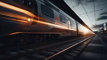 Powerful Locomotive Speeding Along The Railway Tracks Near A Bustling Train, Dark Cinematic Light Effect, Dramatic Sky 
