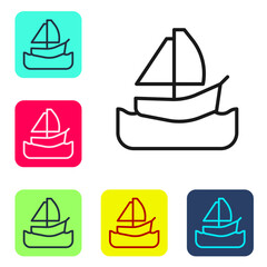 Canvas Print - Black line Yacht sailboat or sailing ship icon isolated on white background. Sail boat marine cruise travel. Set icons in color square buttons. Vector