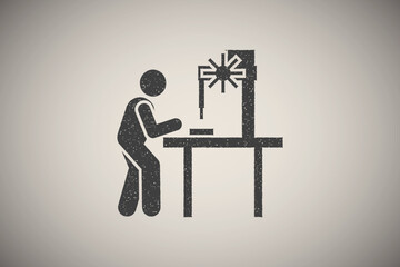 Sticker - Manufacturing, engine, mechanism, worker, man icon vector illustration in stamp style