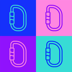 Canvas Print - Pop art line Carabiner icon isolated on color background. Extreme sport. Sport equipment. Vector