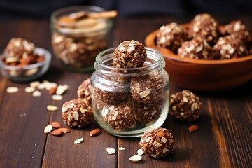 Wall Mural - pile of nut balls in glass jar on wooden table