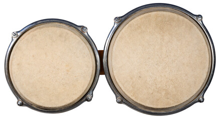 Close-up of two bongo drums isolated on white or transparent background. Percussion instrument. Photography, png.