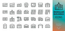 Prefab Modular Buildings Isolated Icons Set. Set Of Prefabricated Shipping Container Homes, Glamping House, Modular Construction, Barn House, Office, Garage, Toilet, Shed Vector Icon