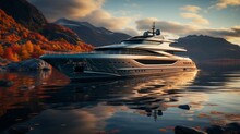 Luxury yacht moored in a picturesque bay in the evening light. A modern megayacht with a beautifully illuminated hull in the rays of the setting sun. Luxury tourism and romantic sea cruises concept.