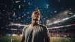 portrait of a sportsman, celebration in a stadium with confetti raining down, low angle shot, fans at the stadium an evening of victory, sport wallpaper 
