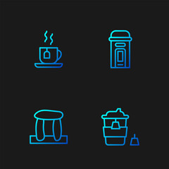 Poster - Set line Coffee cup to go, Stonehenge, Cup tea with tea bag and London phone booth. Gradient color icons. Vector