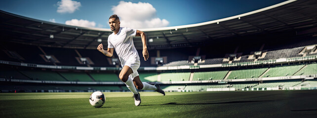 athlete dribbling a soccer ball on a stadium field, footballer with a white jersey, panorama of a sport banner 