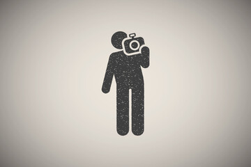 Sticker - Photographer, man, journalist, camera pictogram icon vector illustration in stamp style