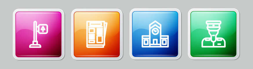 Sticker - Set line Road traffic signpost, News, Railway station and Train conductor. Colorful square button. Vector