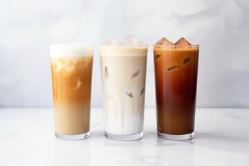 Wall Mural - three types of iced lattes with foamy milk on a marble table