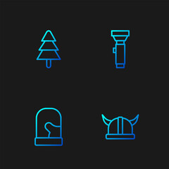 Sticker - Set line Viking in horned helmet, Christmas mittens, Tree and Flashlight. Gradient color icons. Vector