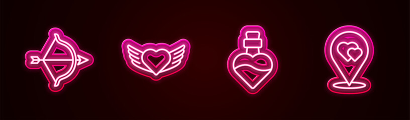 Wall Mural - Set line Bow and arrow, Heart with wings, Bottle love potion and Location heart. Glowing neon icon. Vector