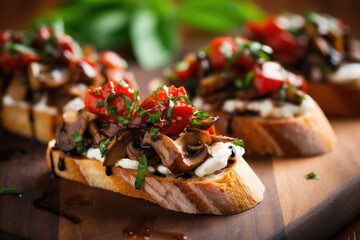 Sticker - close-up of mushroom bruschetta on a wooden board