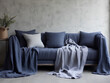 coverlet from heavy weight dark blue-gray melange linen fabric, simply lying on the couch, light scandinavian interior, Generative AI