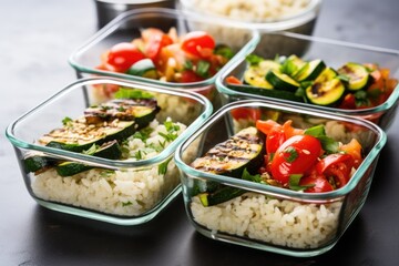 Canvas Print - view of meal prep containers filled with rice and grilled vegetables