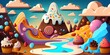 2D dessert chocalate mountain platformer level landscape whipped cream clouds licorice ice candy and glaze all over strawberry rivers puzzle game cartooncore mural art graffiti art bright vibrant 