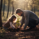 Fototapeta Natura - Father and daughter planting a tree, Generative AI