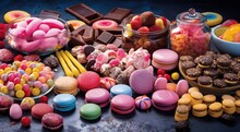 Delicious Sweets On Abstract Background, Colored Chocolates And Sweets On The Table, Colorful Sweets Wallpaper, Sweets Banner