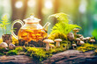 canvas print picture - Glass tea pot with mushroom tea for health and fresh mushrooms on wooden board with green moss on blurred forest background. New Superfood Trend. Immune boosting sustainable drink