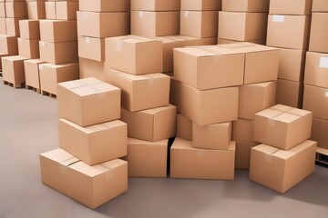 Cardboard box packages. Logistics and distribution service. Big retail warehouse full of shelves with goods.