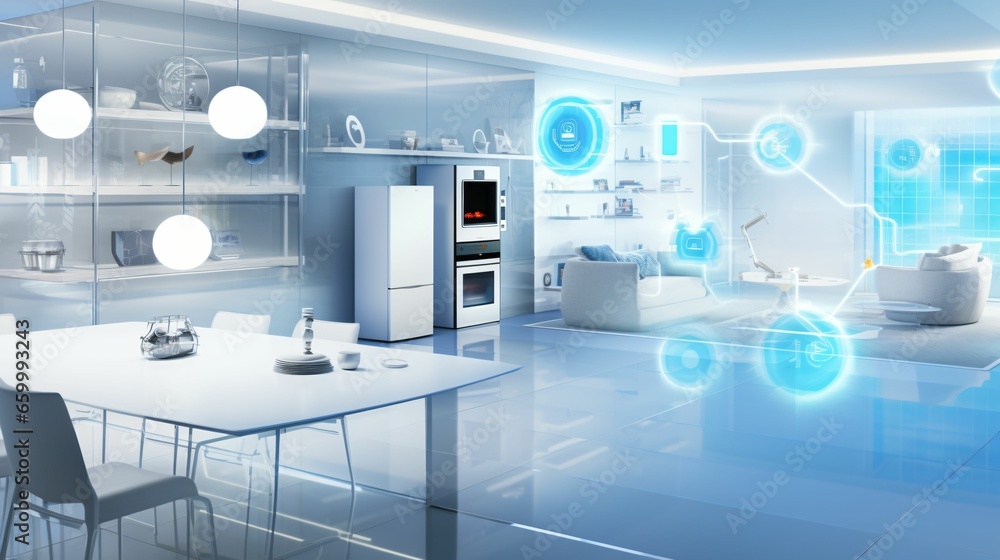 Smart home concept connecting objects in the house interior with ...