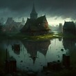 a disgusting swamp town in medieval England oil painting 