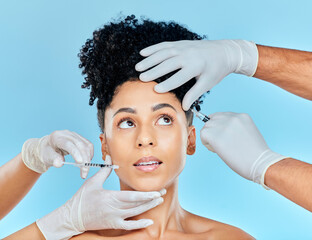 Sticker - Skincare, needle and filler, woman with hands on face in studio at plastic surgery consultation. Model with facial, aesthetic and salon for beauty, dermatology or collagen therapy on blue background