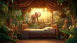 © PrismCraft - Illustrate a cozy and creative kids' bedroom with a 3D background view of a vibrant jungle filled with exotic animals, fostering a love for wildlife and exploration.