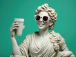 Ancient Greek white statue of a smiling woman wearing sunglasses drink coffee